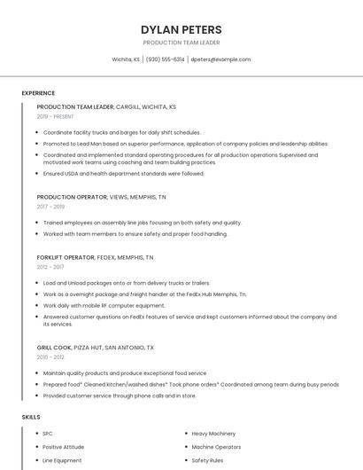 Production Team Leader Resume
