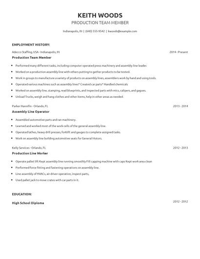 Production Team Member Resume