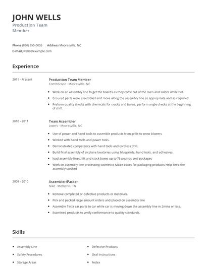 Production Team Member Resume