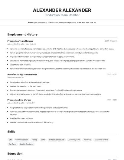 Production Team Member Resume