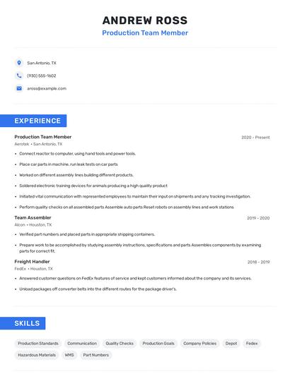 Production Team Member Resume