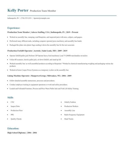 Production Team Member Resume
