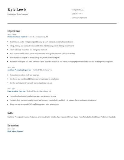 Production Team Member Resume