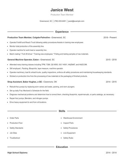 Production Team Member Resume