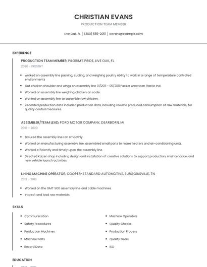 Production Team Member Resume