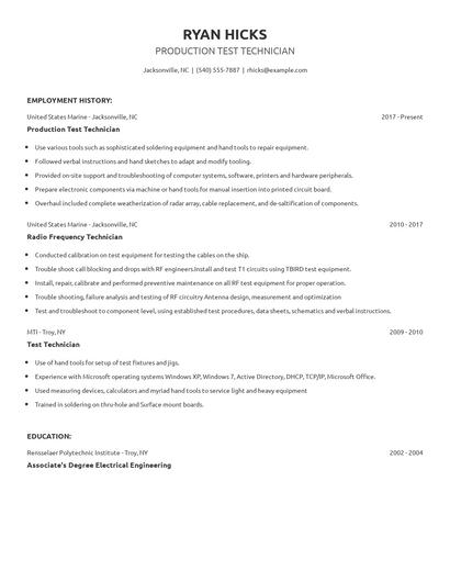 Production Test Technician Resume