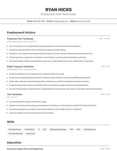 Production Test Technician Resume