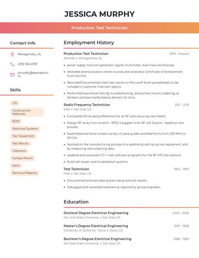 Production Test Technician Resume