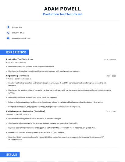 Production Test Technician Resume