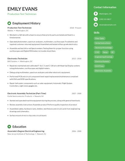 Production Test Technician Resume