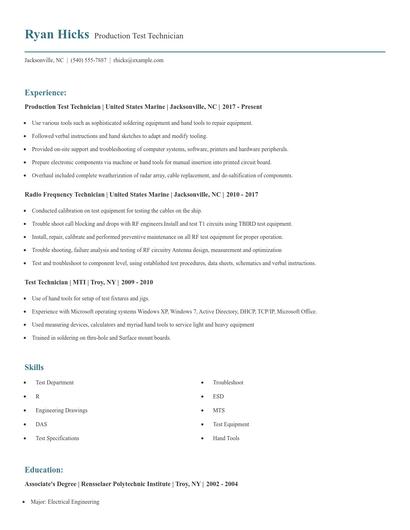 Production Test Technician Resume