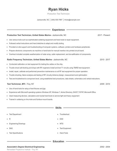 Production Test Technician Resume