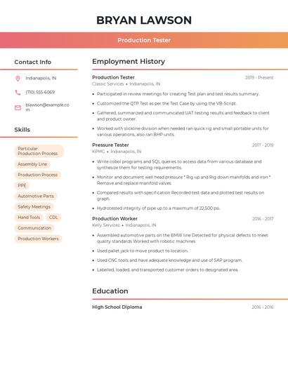 Production Tester Resume