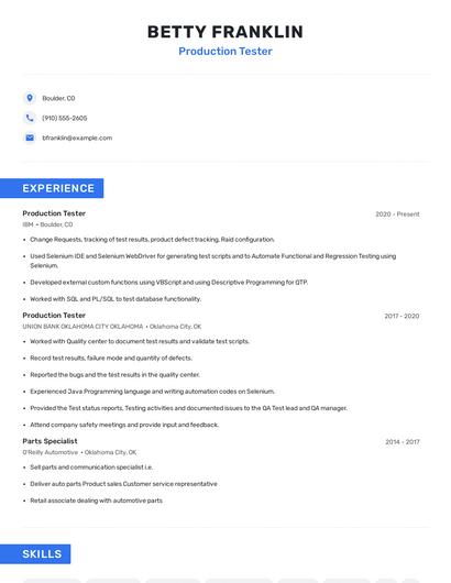 Production Tester Resume