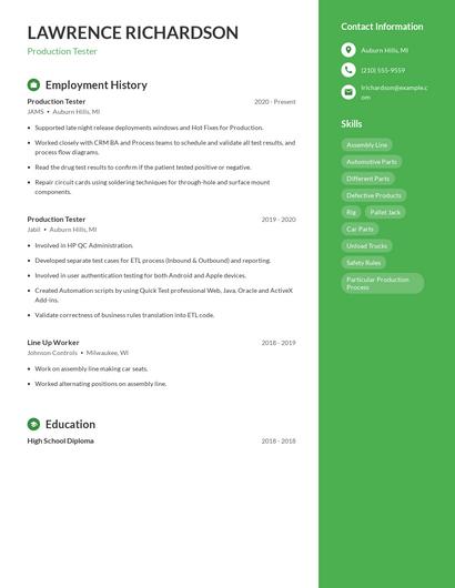 Production Tester Resume
