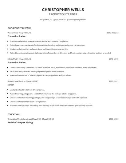 Production Trainer Resume