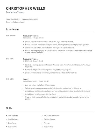 Production Trainer Resume