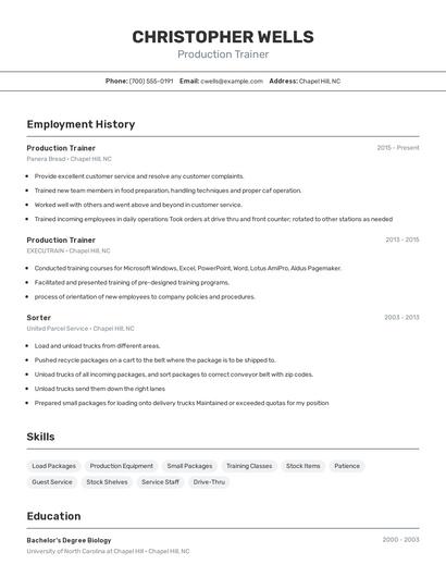 Production Trainer Resume
