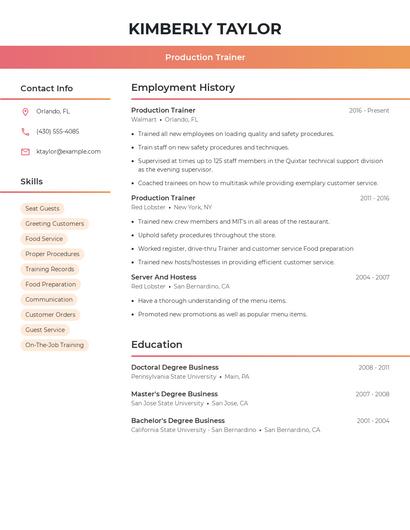 Production Trainer Resume