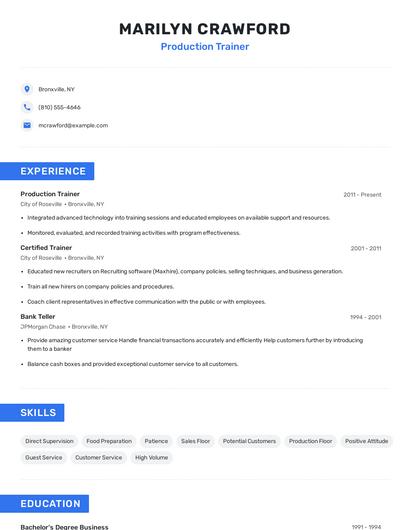 Production Trainer Resume