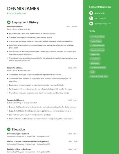 Production Trainer Resume