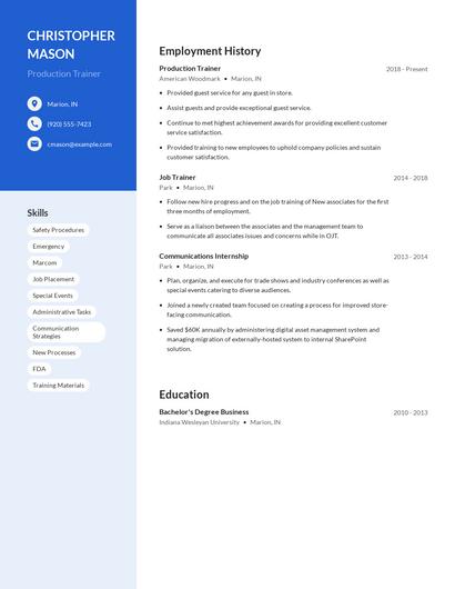 Production Trainer Resume