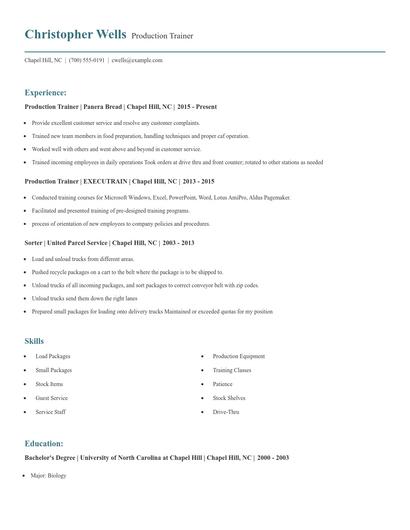 Production Trainer Resume