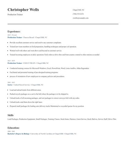 Production Trainer Resume
