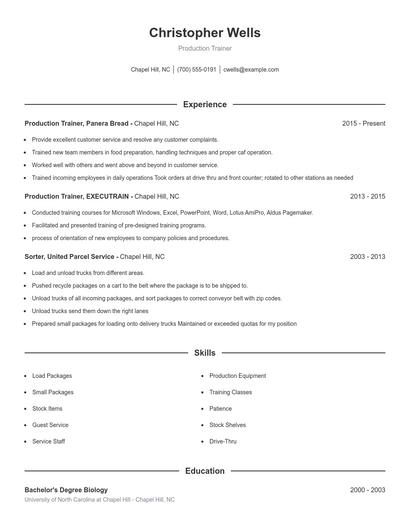 Production Trainer Resume