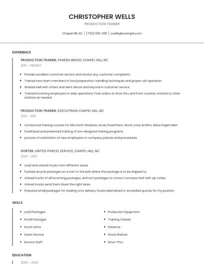 Production Trainer Resume
