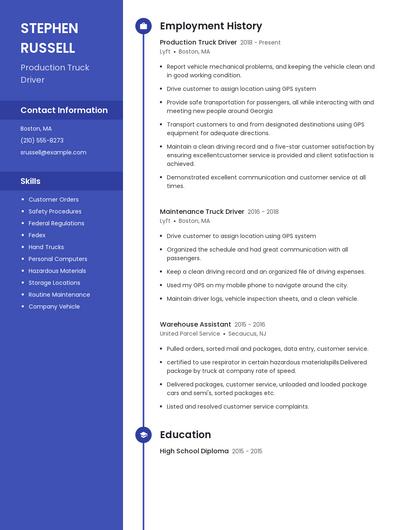 Production Truck Driver Resume