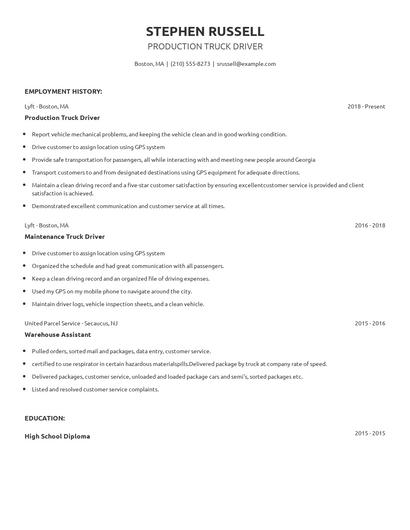Production Truck Driver Resume