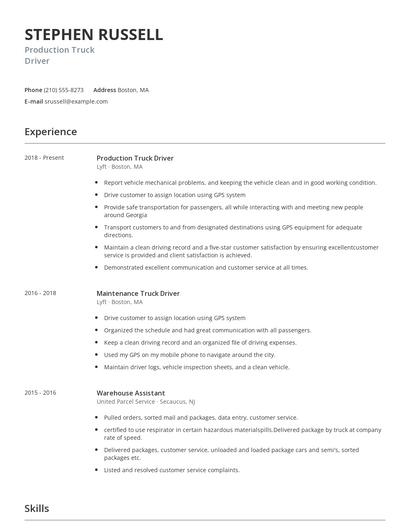 Production Truck Driver Resume
