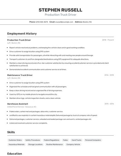 Production Truck Driver Resume