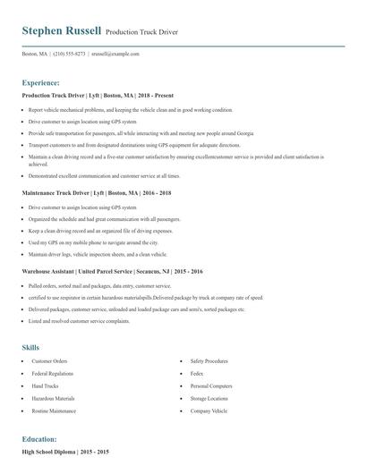 Production Truck Driver Resume