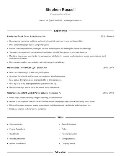 Production Truck Driver Resume