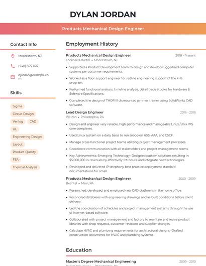 Products Mechanical Design Engineer Resume