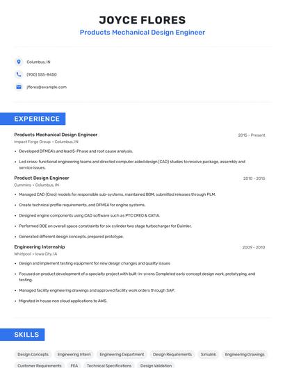 Products Mechanical Design Engineer Resume