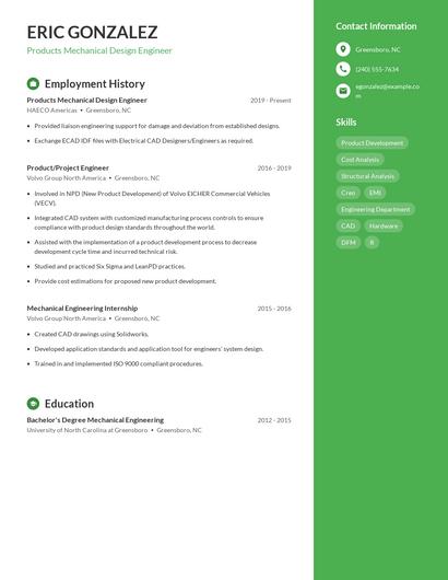 Products Mechanical Design Engineer Resume