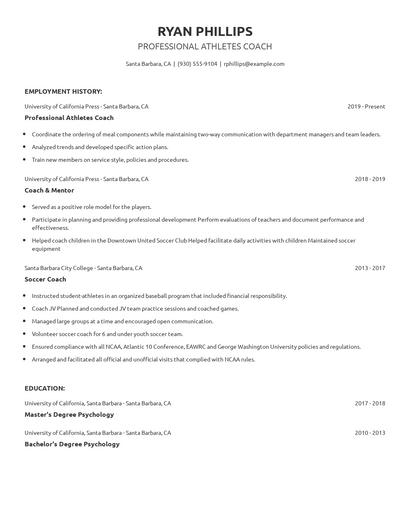 Professional Athletes Coach Resume