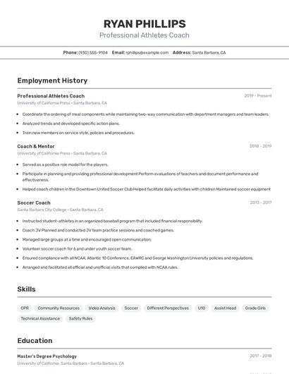 Professional Athletes Coach Resume