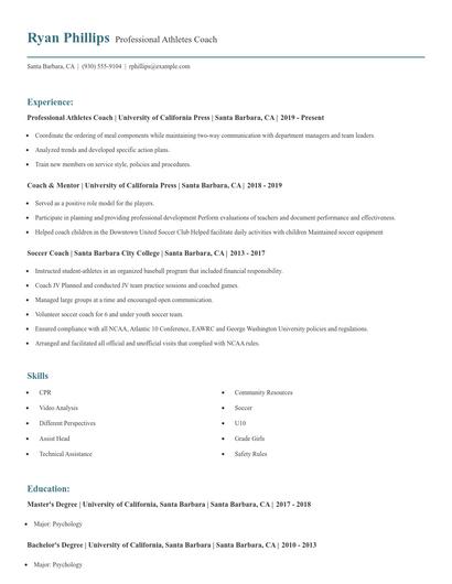 Professional Athletes Coach Resume