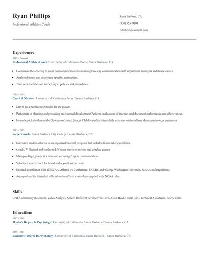 Professional Athletes Coach Resume