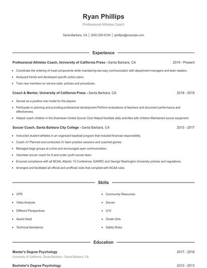Professional Athletes Coach Resume