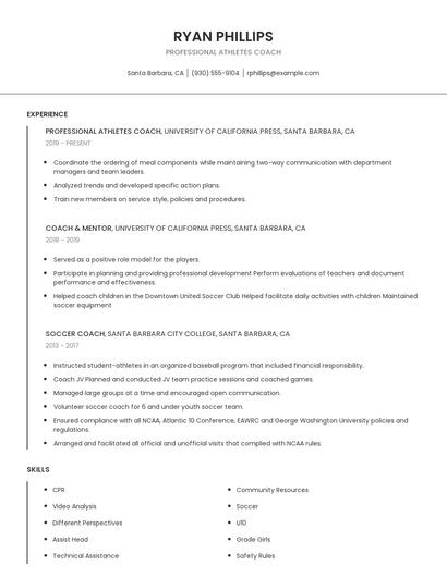 Professional Athletes Coach Resume