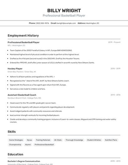 Professional Basketball Player Resume