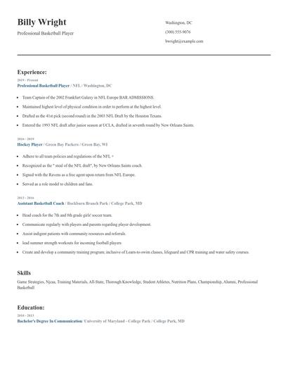 Professional Basketball Player Resume