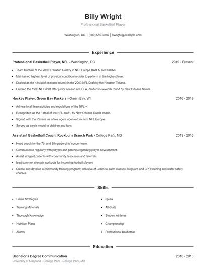 Professional Basketball Player Resume