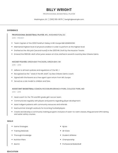 Professional Basketball Player Resume