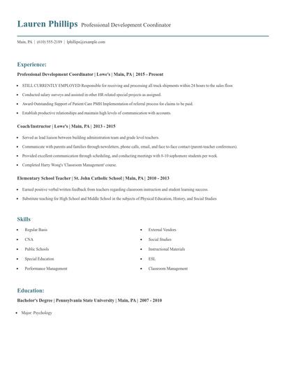 Professional Development Coordinator Resume